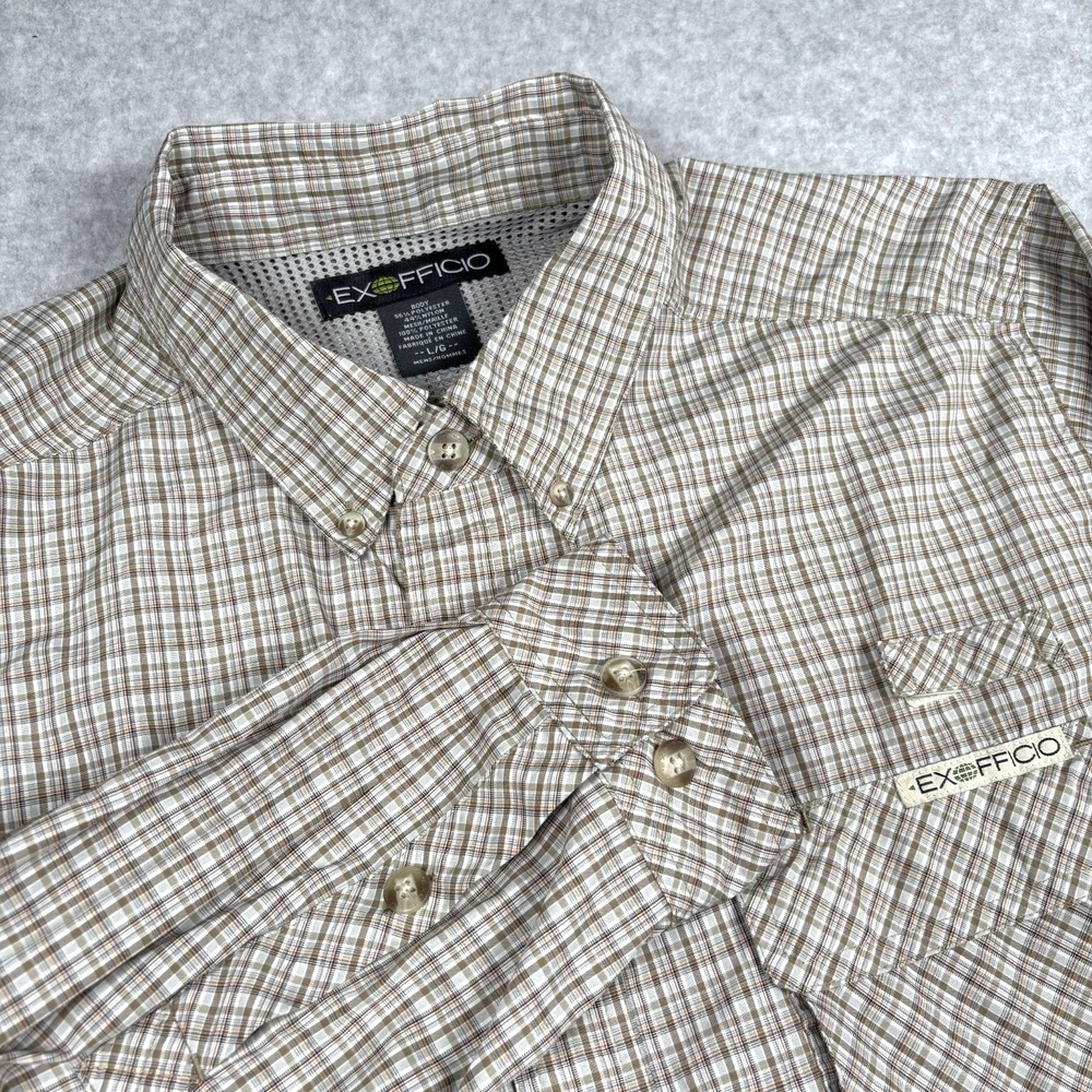 ExOfficio Air Strip Shirt Men's Large Tan Plaid Vented Hiking Travel Outdoors